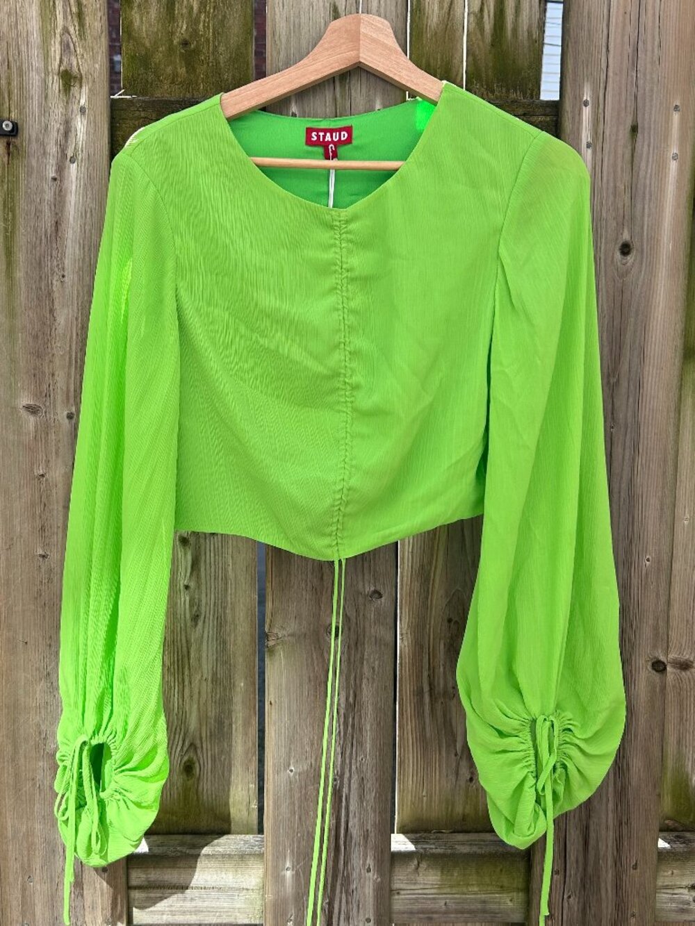 STAUD Lime Green Cropped Blouse with Ruched Balloon Sleeves — NWT — Size 6